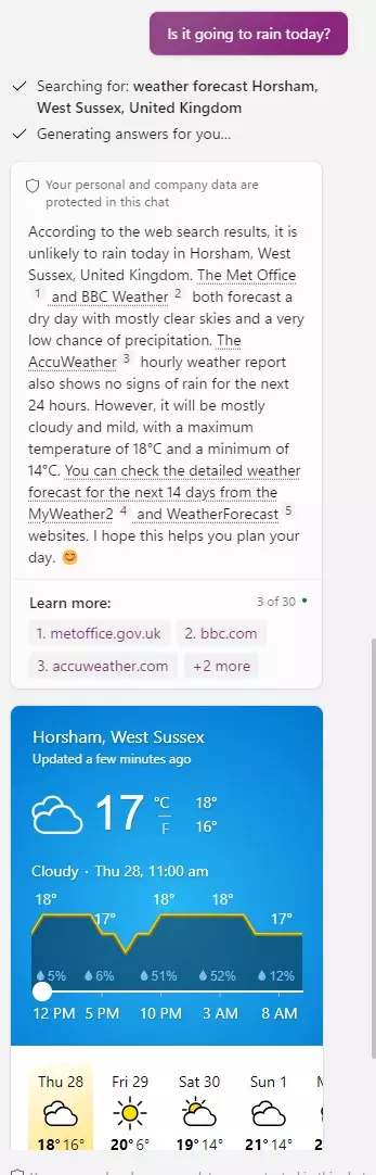 CoPilot answering whether it will rain today