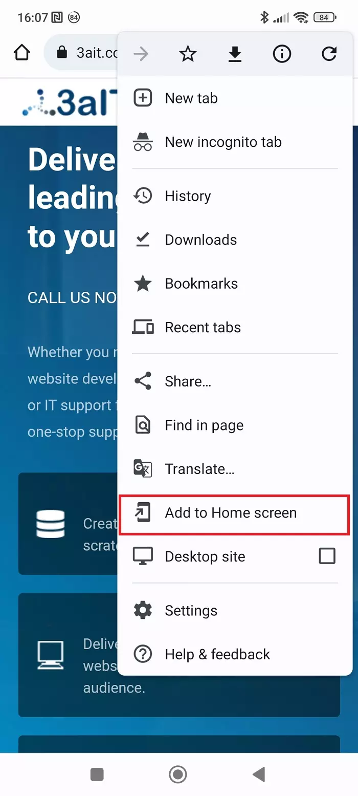 Screenshot of a the Chrome menu open with "Add to Home Screen" highlighted