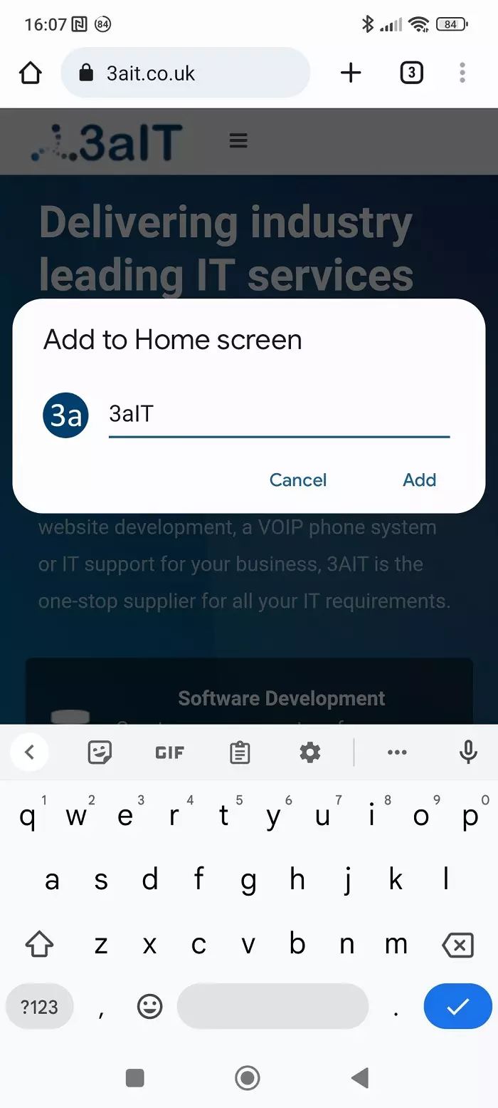 Screenshot show panel in which you can name your home screen shortcut