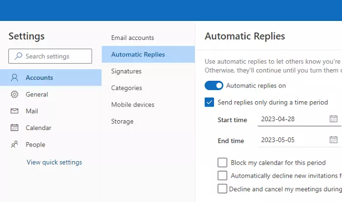 Screenshot of the Outlook settings panel with "Automatic Replies" open