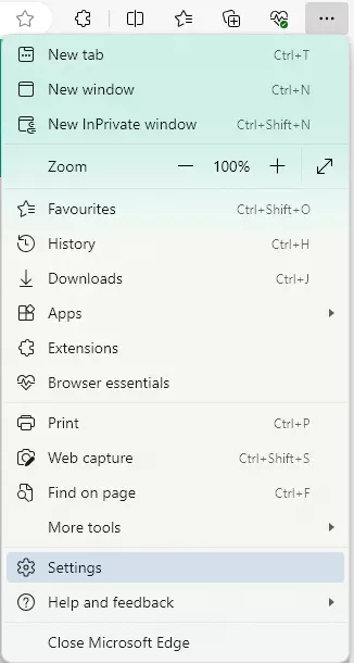 The Microsoft Edge settings menu