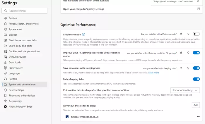 A screenshot showing the Edge System and Performance menu options