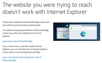 Internet Explorer Edge Redirect Screen