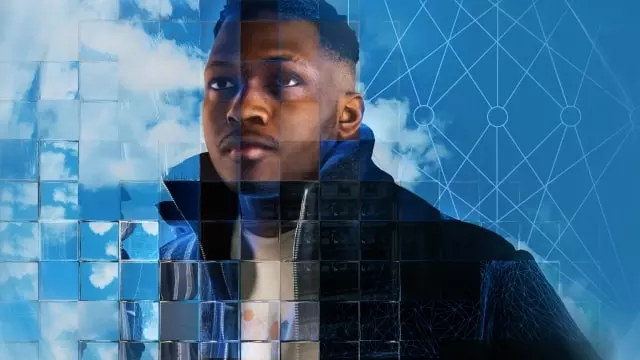 A photographic rendering of a young black man standing in front of a cloudy blue sky, seen through a refractive glass grid and overlaid with a diagram of a neural network.