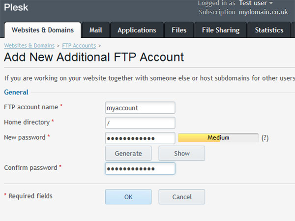 Step 5: Create the new account. The "FTP account name" will be the username to enter into the FTP client. The home directory is the folder in your hosting account this user has access to. Therefore, if you only want it to have access to your website files, you would enter "/httpdocs" here. The password is the password that user will need to enter into their FTP client. Click OK.
